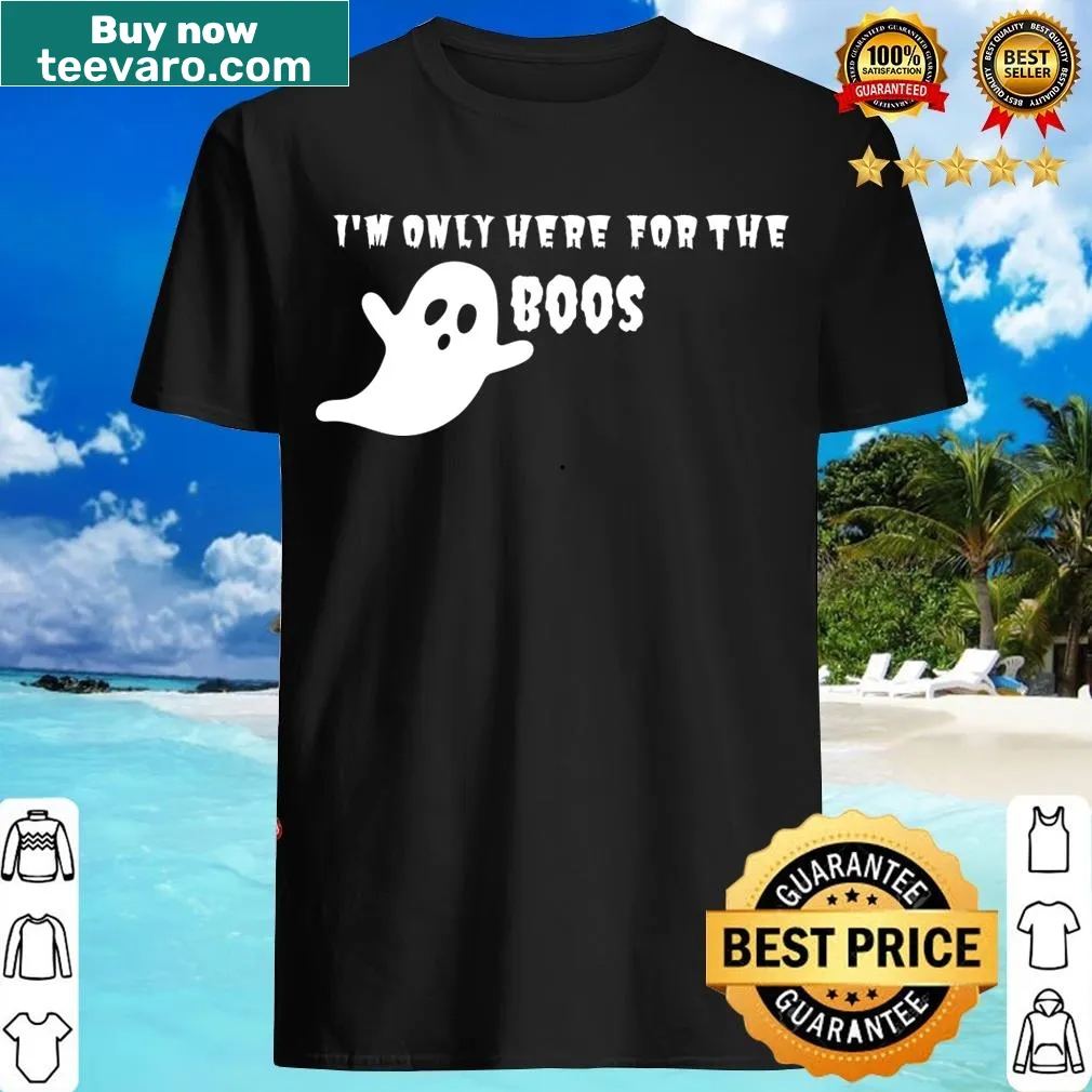 Playful Halloween-themed t-shirt with 'I'm Only Here For The Boos' text — on a men's t-shirt