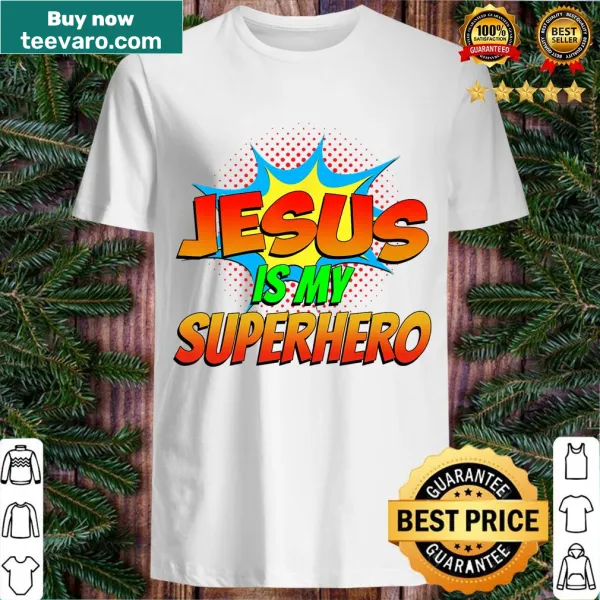 Comic book style t-shirt featuring Jesus as a superhero.