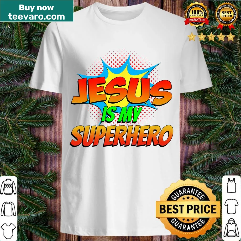 Comic book style t-shirt featuring Jesus as a superhero. — on a men's t-shirt