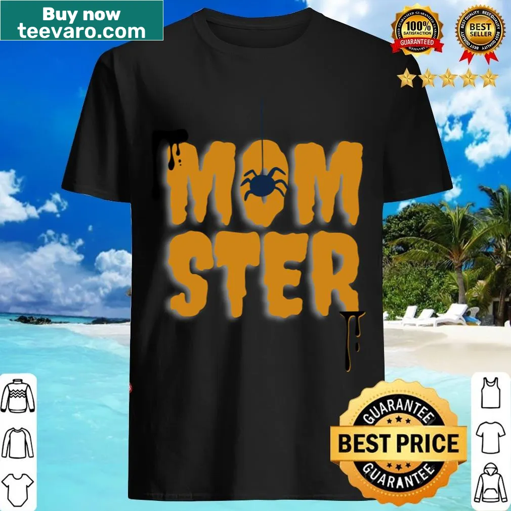 Cartoon-style T-shirt featuring a playful 'Momster' graphic for Halloween. — on a men's t-shirt