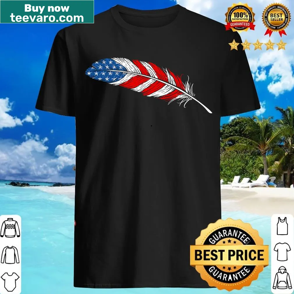 Artistic feather flag design on Native American pride t-shirt — on a men's t-shirt