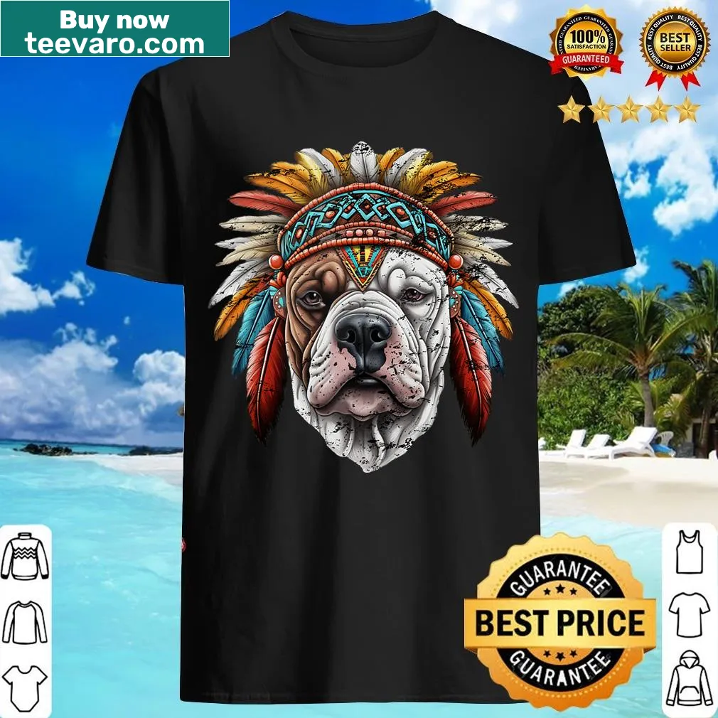 Illustration of Native American headdress with American Bulldog — on a men's t-shirt