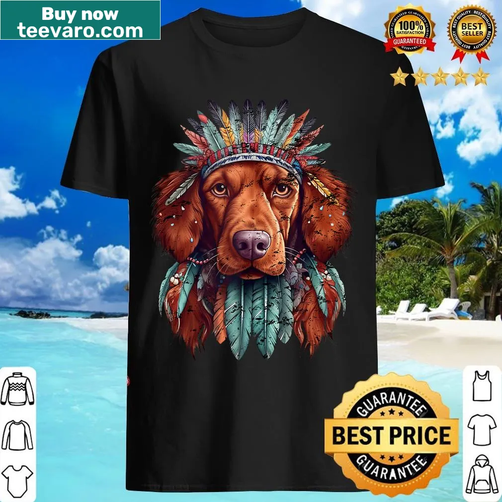 Native American headdress design with Irish Setter illustration — on a men's t-shirt
