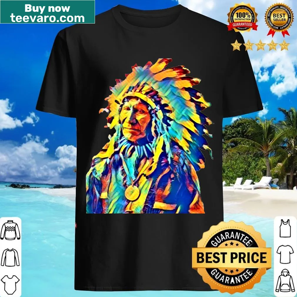 Illustrated Native Chief graphic on a T-shirt representing Native culture — on a men's t-shirt