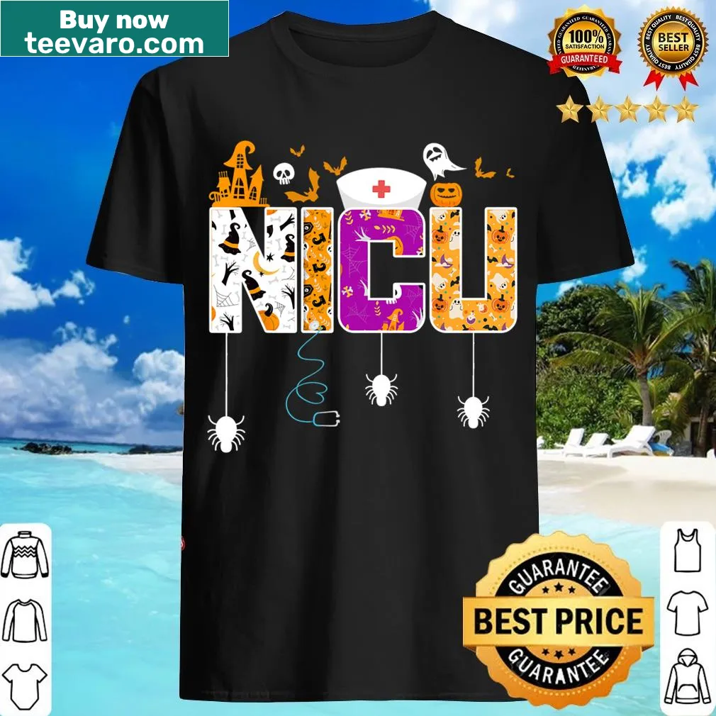 Funny Halloween T-shirt for NICU nurses featuring playful graphics. — on a men's t-shirt