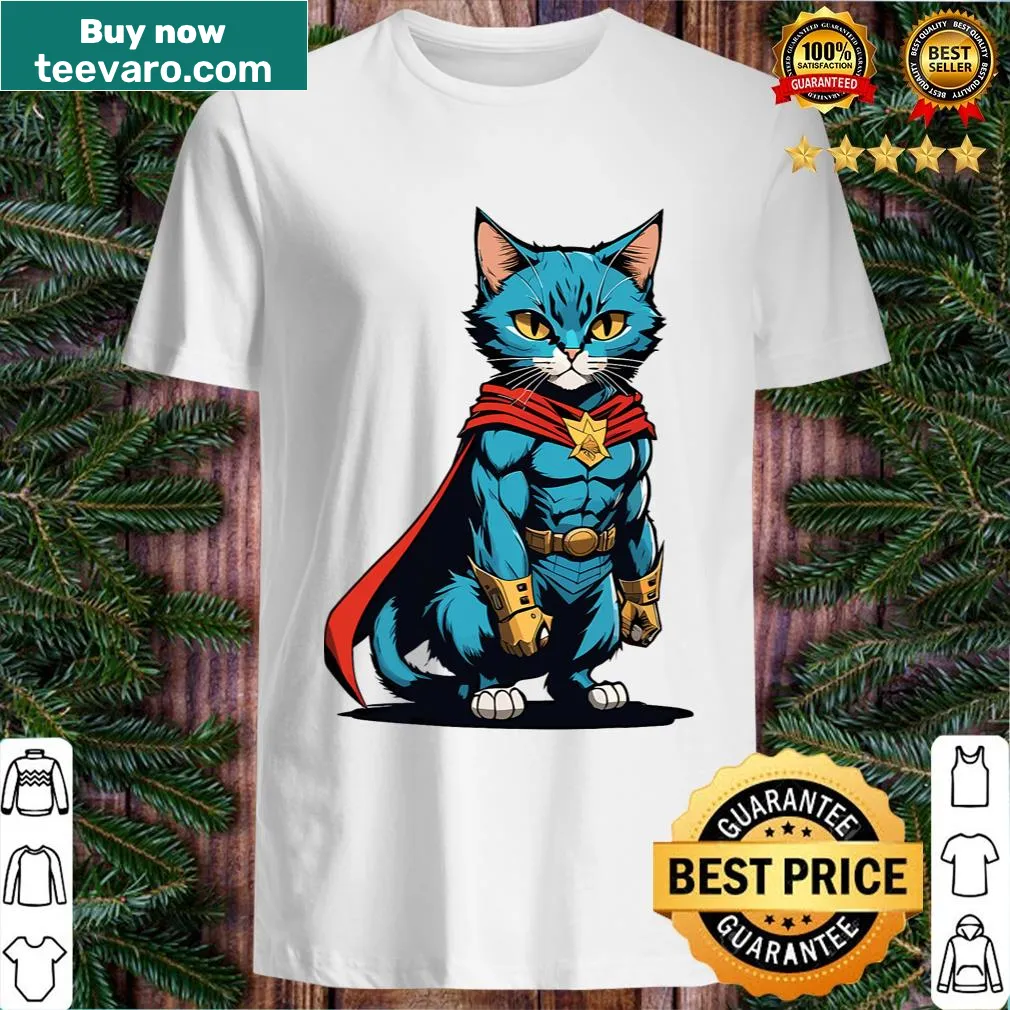Funny superhero cat graphic on a T-shirt for cat lovers. — on a men's t-shirt