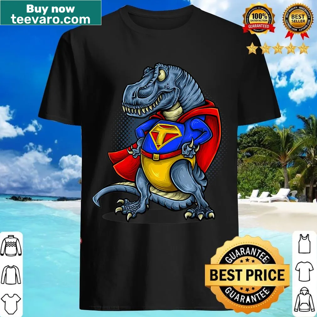 T-shirt featuring a funny T. Rex superhero graphic for men. — on a men's t-shirt