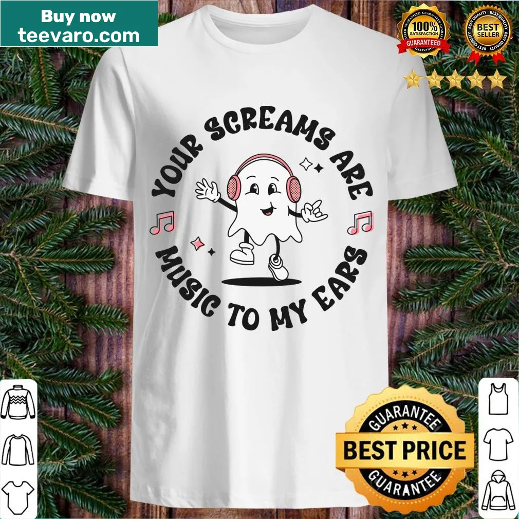Cute ghost in headphones on Halloween t-shirt — on a men's t-shirt