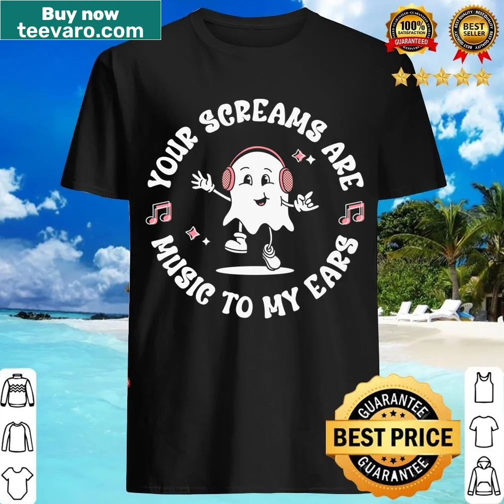Funny ghost with headphones Halloween t-shirt — on a men's t-shirt
