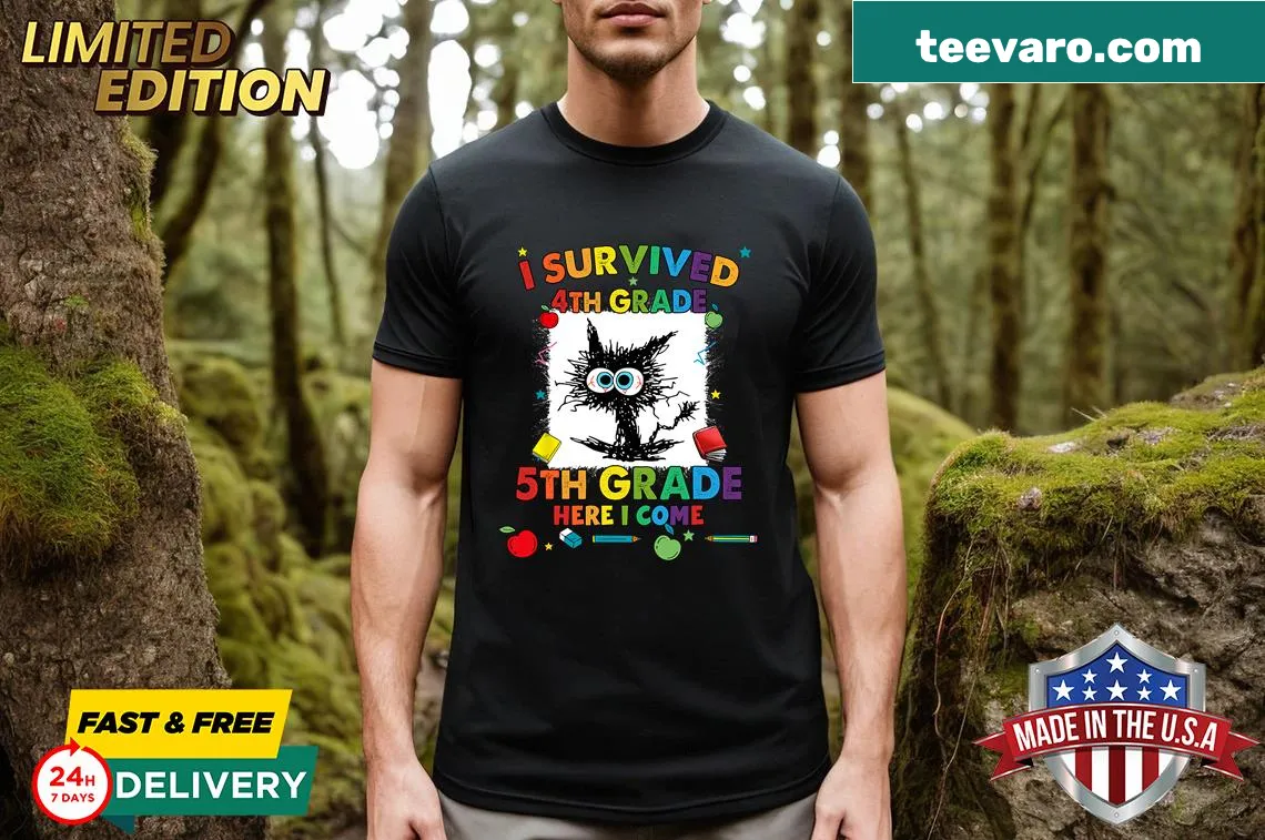 Funny student t-shirt celebrating surviving 4th grade for 5th graders. — on a men's t-shirt