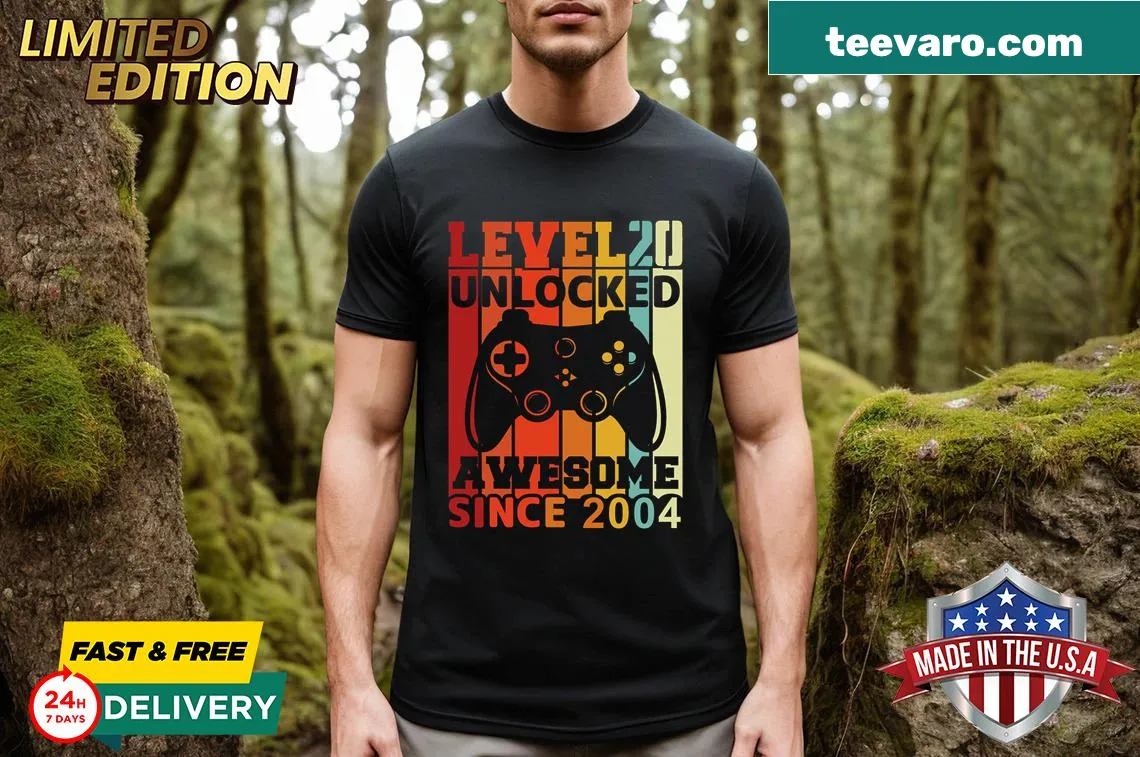 Cute birthday t-shirt featuring gaming level 20 design — on a men's t-shirt