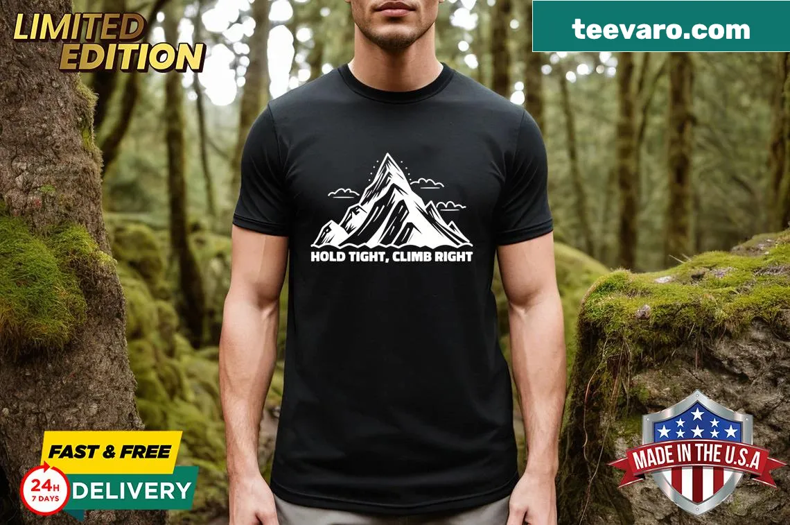 Humorous T-shirt for rock climbers with climbing quotes — on a men's t-shirt