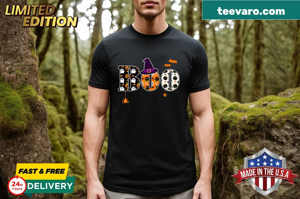 Kids T-shirt with 'Boo' text and a witch hat for Halloween — on a men's t-shirt