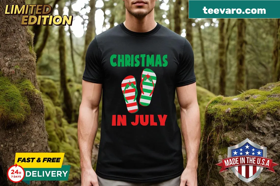 T-shirt featuring flip flops and Christmas decorations for July celebrations — on a men's t-shirt