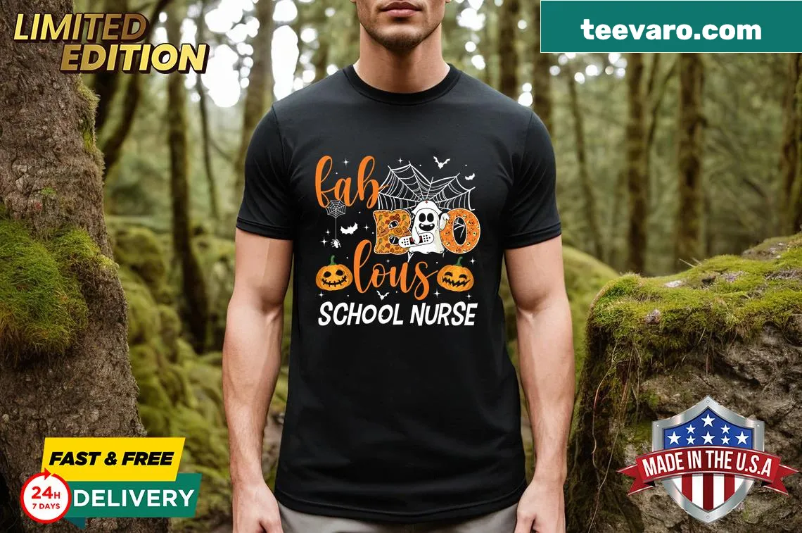 Funny T-shirt for school nurses with a ghost and 'Faboolous' text for Halloween — on a men's t-shirt