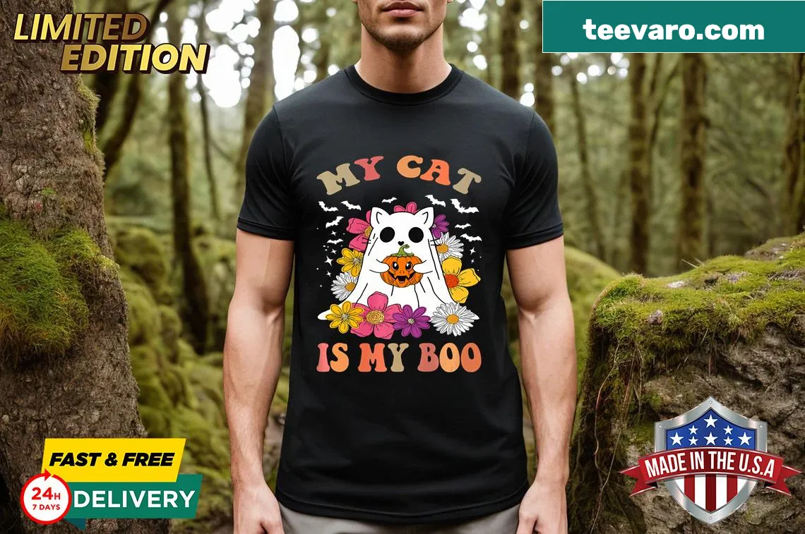 Groovy Halloween T-shirt with cat and ghost design — on a men's t-shirt