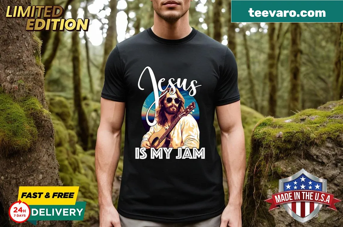 Vintage-style T-shirt with humorous 'Jesus Is My Jam' graphic — on a men's t-shirt