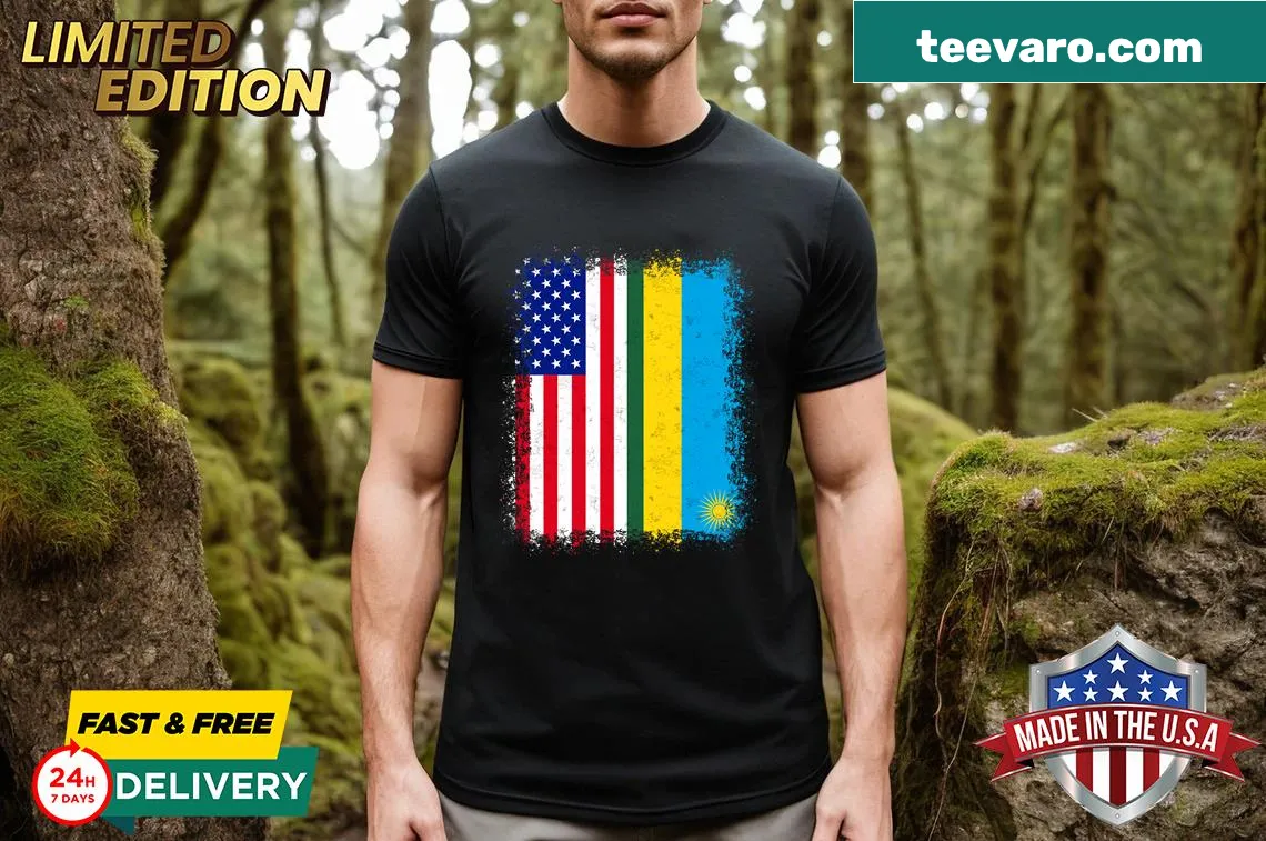 T-shirt displaying 'Half Rwanda Half American Roots' design — on a men's t-shirt
