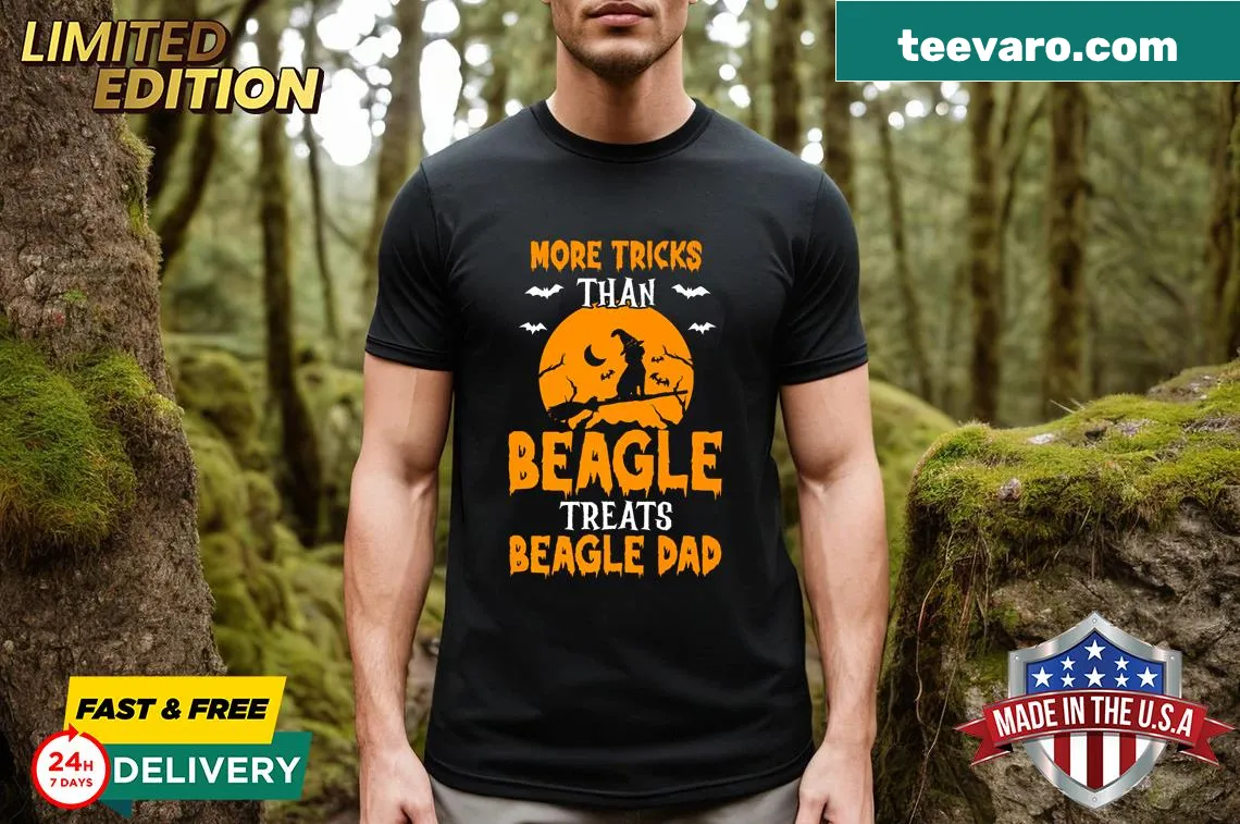 Funny T-shirt for Beagle dads featuring humorous dog graphics — on a men's t-shirt