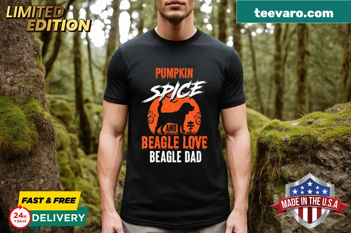 V-neck T-shirt for beagle dads with a humorous Halloween theme — on a men's t-shirt