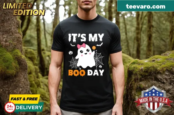 Cute V-neck t-shirt with a ghost and pink bow for Halloween birthday