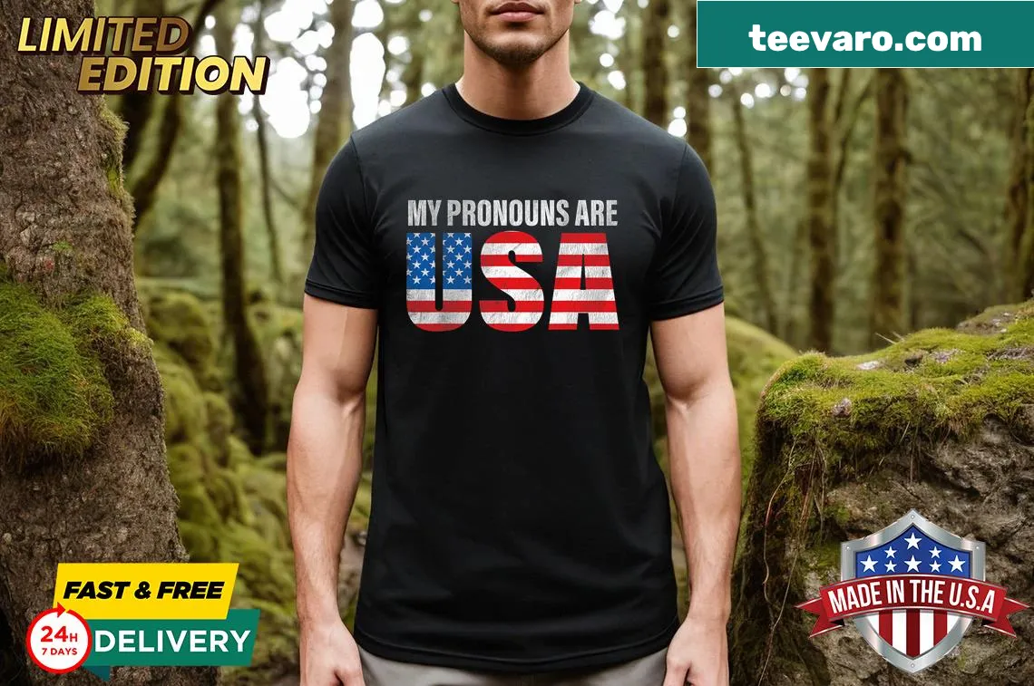 Funny Fourth of July t-shirt with USA pronouns and flag — on a men's t-shirt