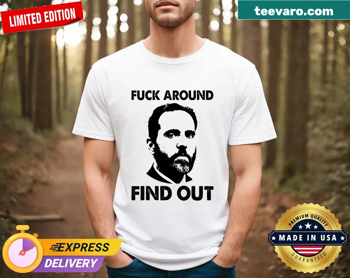 Funny men's t-shirt with the text 'Mr. Smith Around Find Out Jack' — on a men's t-shirt