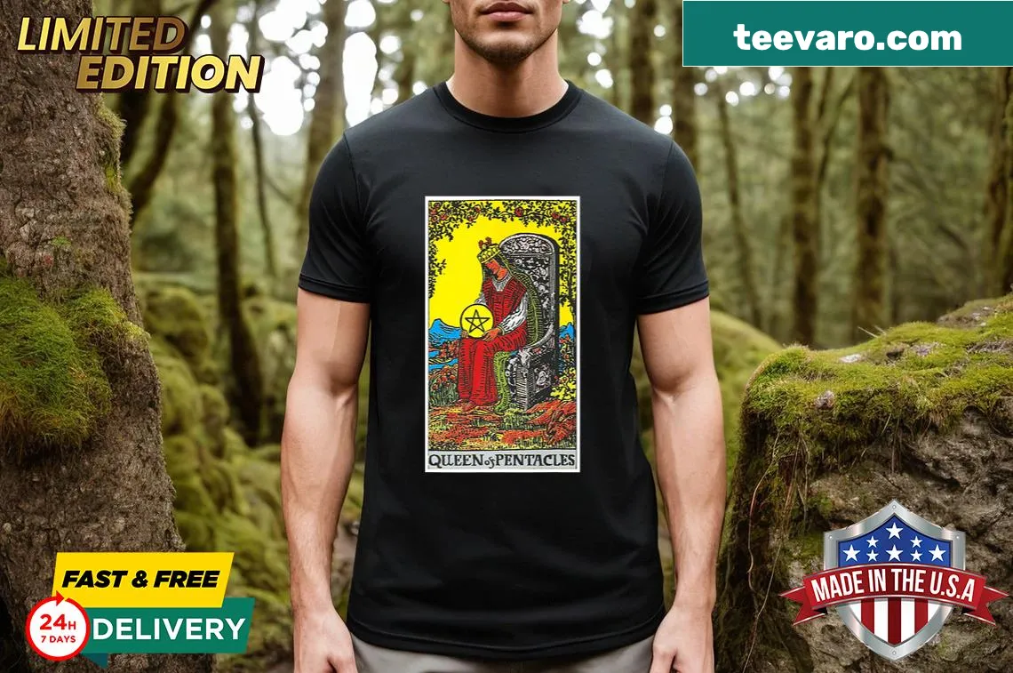 Vintage Queen of Pentacles tarot card graphic on T-shirt — on a men's t-shirt