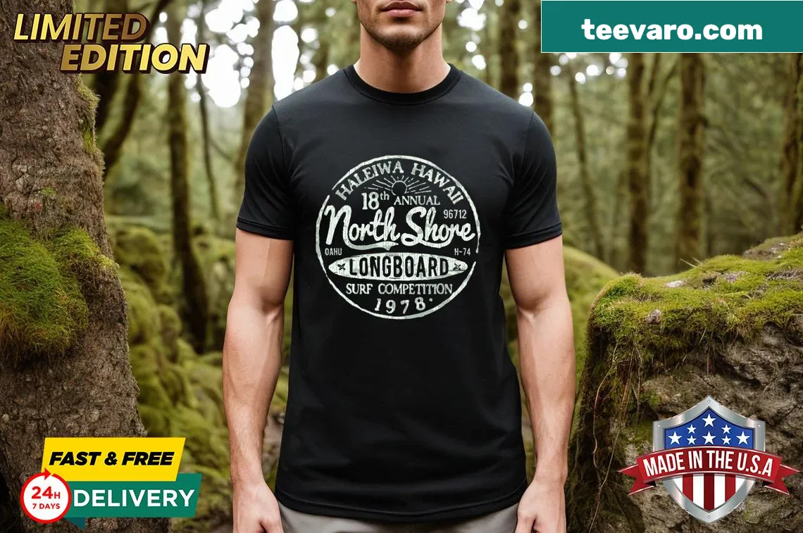 Vintage-style t-shirt featuring surfboards and ocean waves. — on a men's t-shirt
