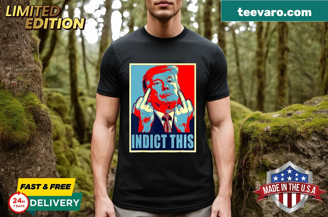 Bold political t-shirt with the phrase Trump Indict This. — on a men's t-shirt
