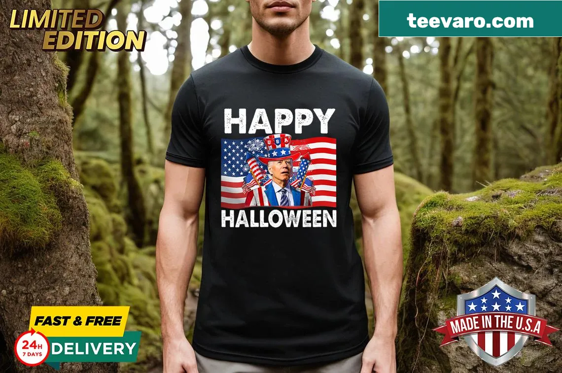 Womens V-neck t-shirt with humorous 4th of July and Halloween graphics — on a men's t-shirt