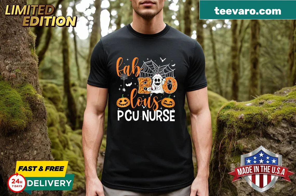 Halloween V-neck T-shirt for PCU nurses with a playful ghost graphic — on a men's t-shirt