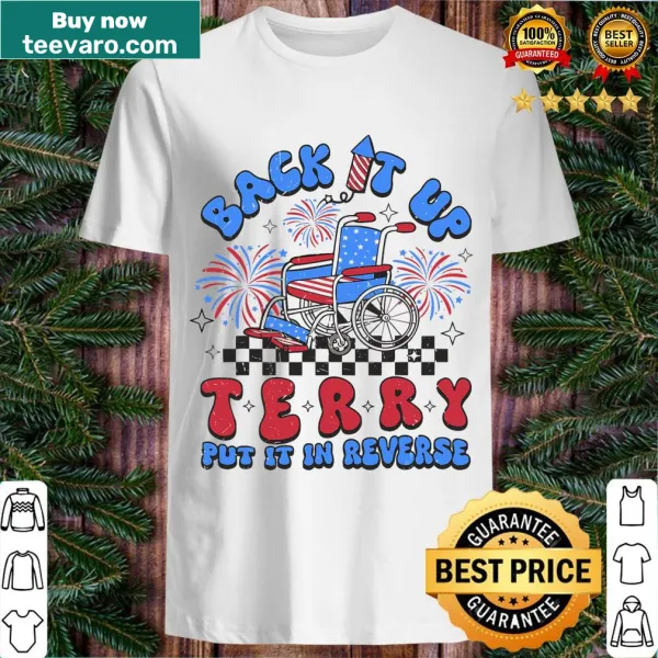 Graphic t-shirt with Back It Up Terry phrase and fireworks illustrations