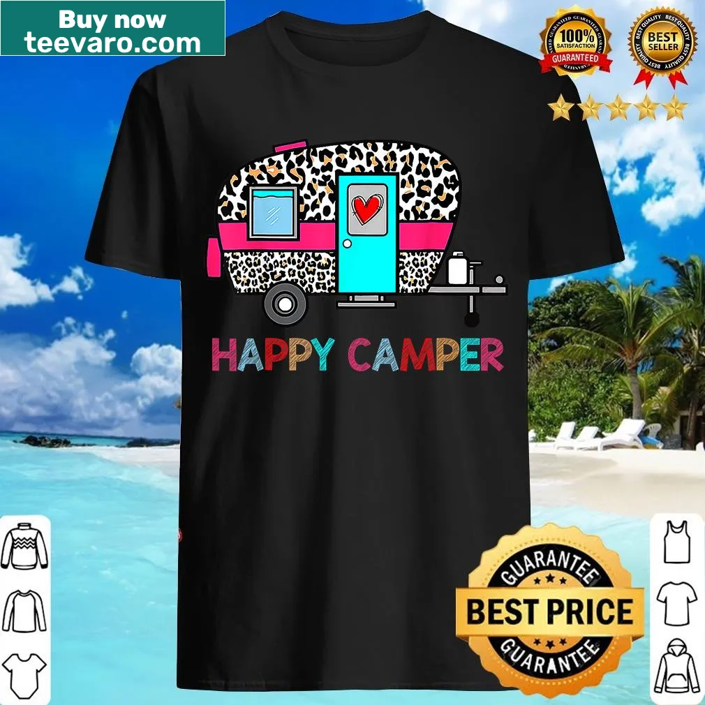 Humorous graphic of a leopard with camping themes — on a men's t-shirt