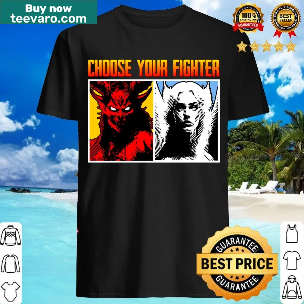 Angel vs Demon graphic t-shirt with 'Choose Your Fighter' text — on a men's t-shirt