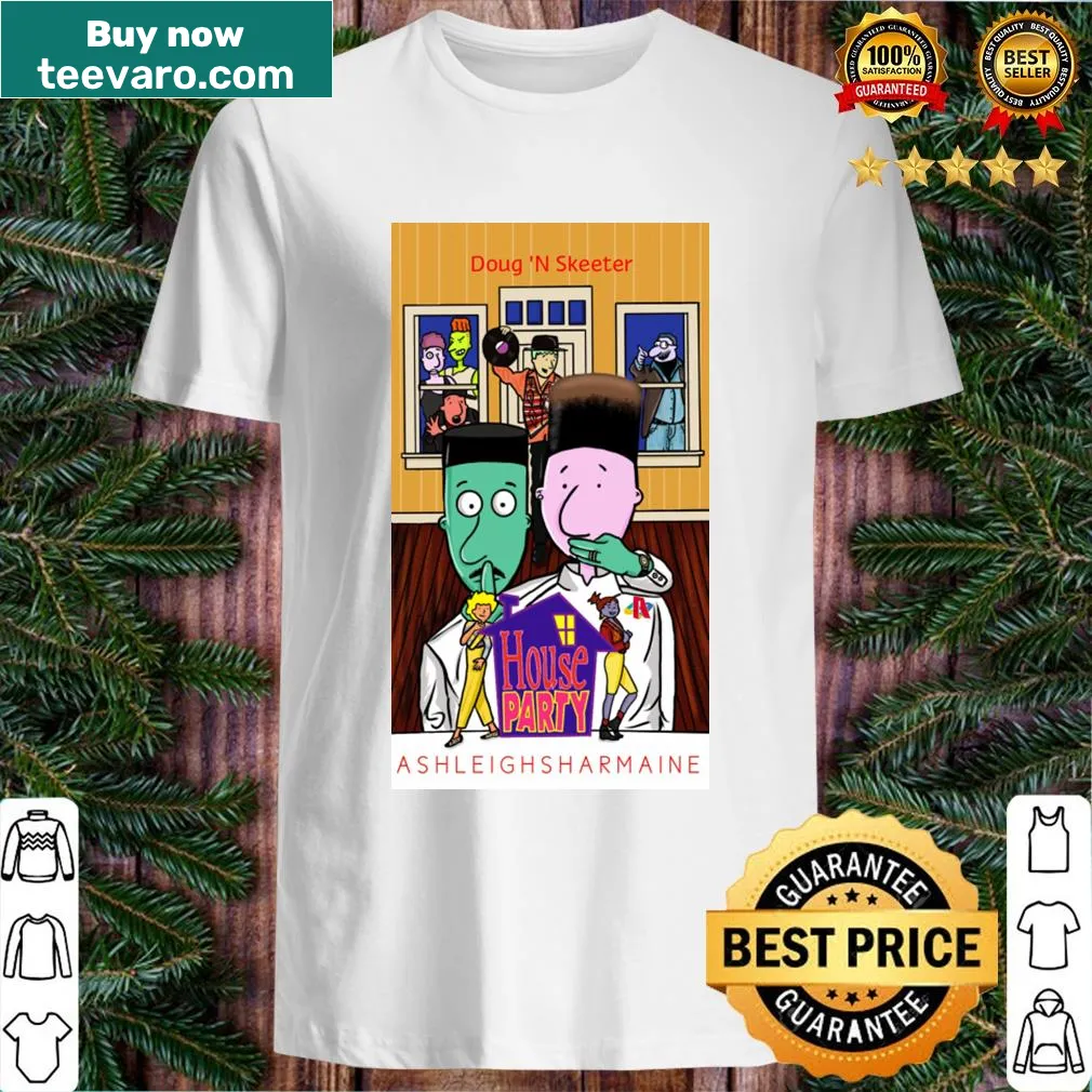 Cartoon-style Doug House Party T-shirt with playful design — on a men's t-shirt