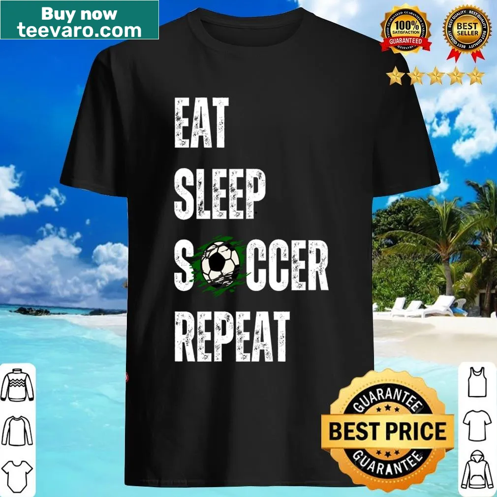 Soccer-themed Eat Sleep Soccer Repeat T-shirt for fans — on a men's t-shirt