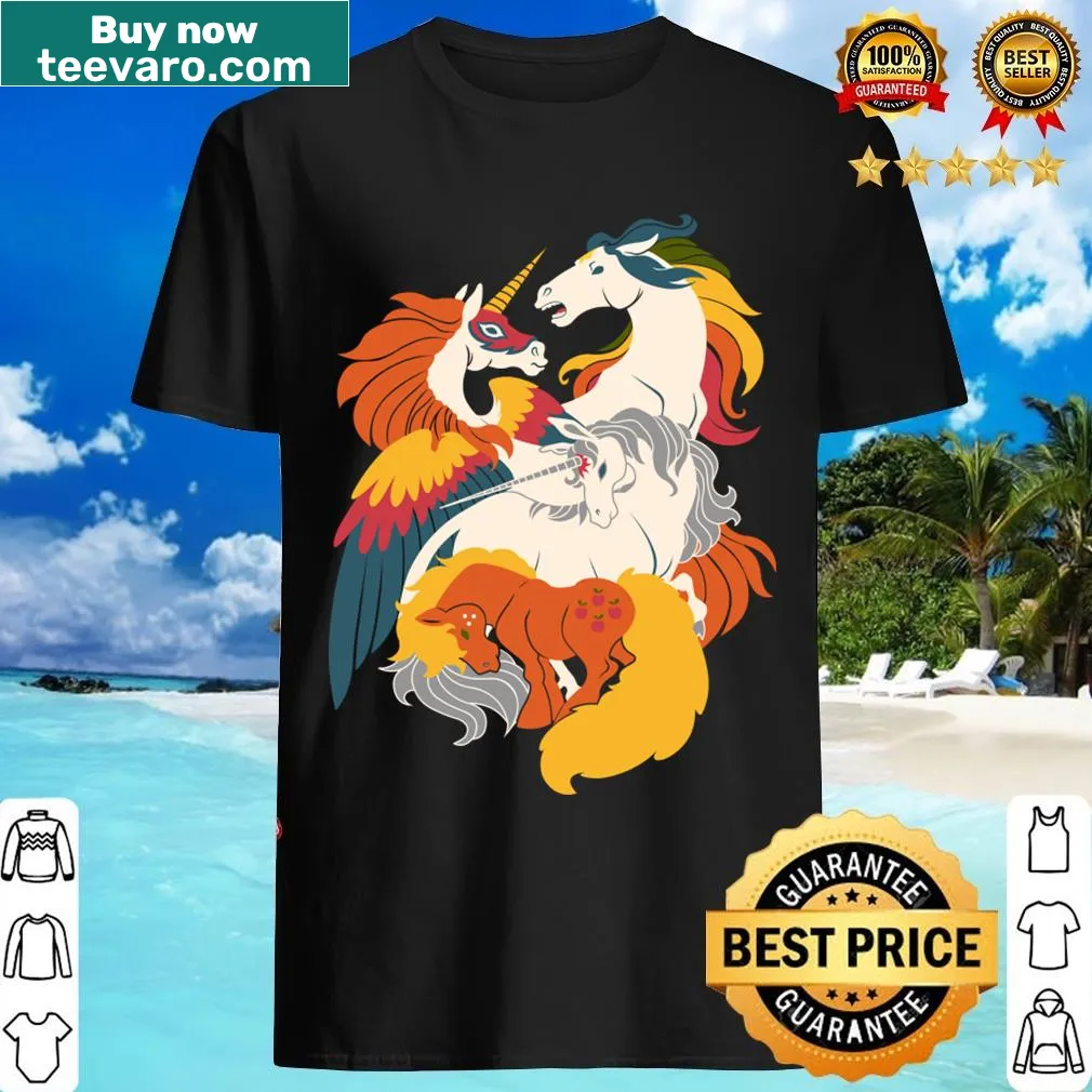 Whimsical graphic of Four Horses Of The Nostalgialypse T-shirt — on a men's t-shirt