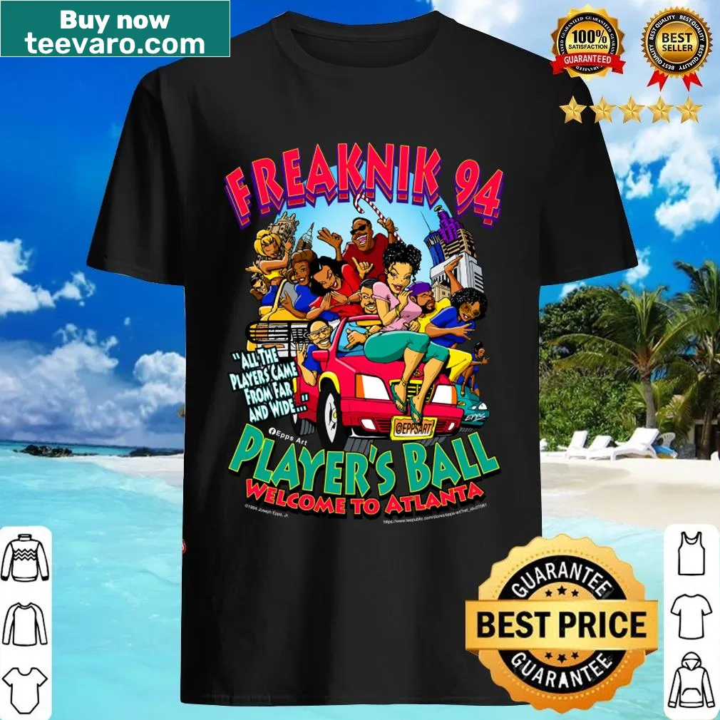 Retro Freaknik 1994 Player's Ball t-shirt with playful typography — on a men's t-shirt