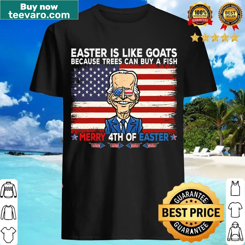 Humorous T-shirt featuring Joe Biden with a Fourth of July and Easter theme. — on a men's t-shirt