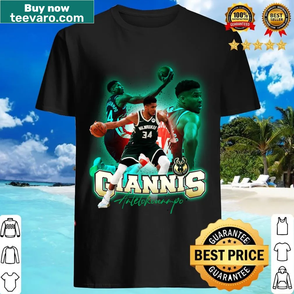 T-shirt featuring Giannis Antetokuonmpo's name in a striking design — on a men's t-shirt
