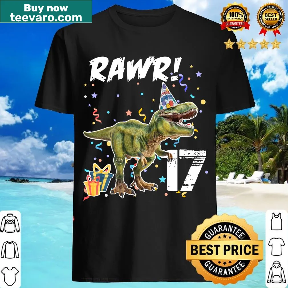 Cartoon t-shirt featuring a T-Rex graphic and '17' for birthday. — on a men's t-shirt