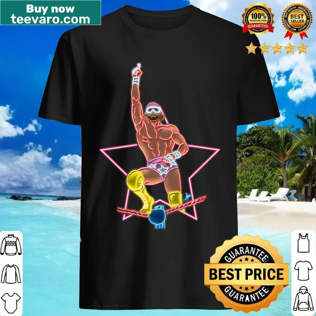 Cartoon wrestling t-shirt featuring a macho man design — on a men's t-shirt