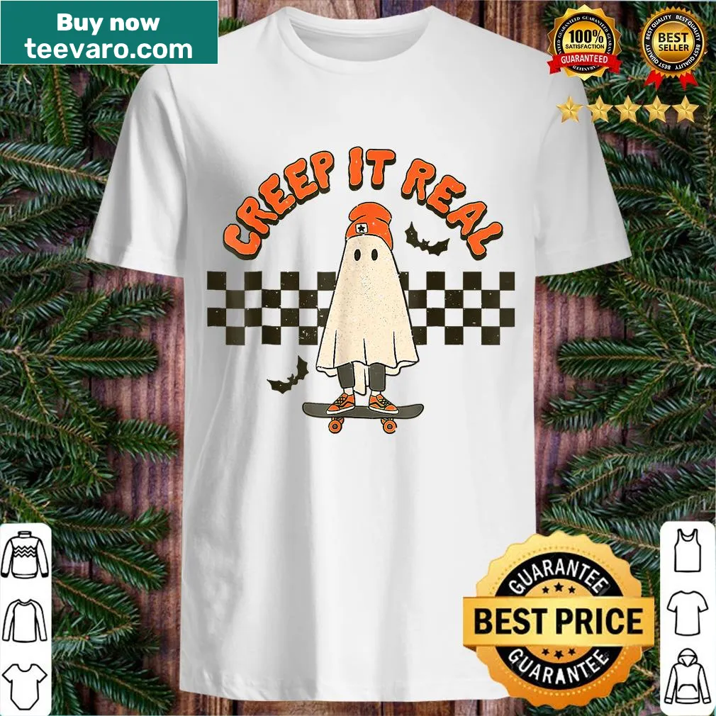 Funny Halloween Ghost skateboarding t-shirt with retro style — on a men's t-shirt