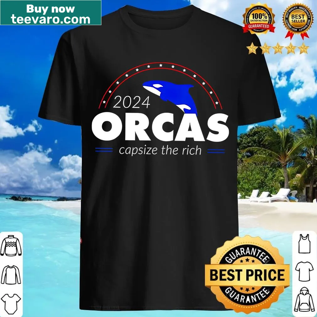 Humorous Orcas Capsize The Rich typography T-shirt — on a men's t-shirt
