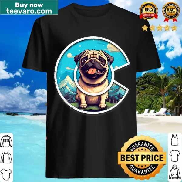 Cute cartoon pug T-shirt featuring mountain landscape