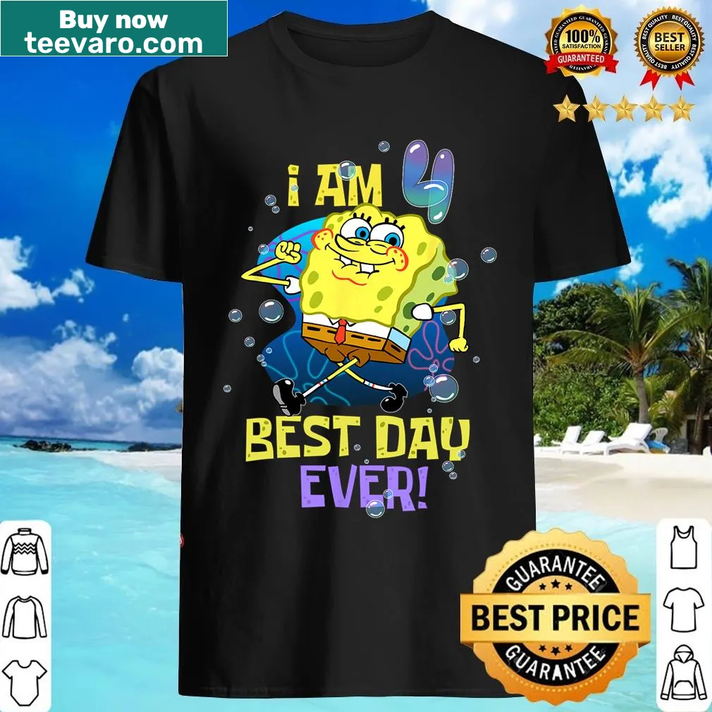 Spongebob t-shirt for kids celebrating turning 4 with funny graphics — on a men's t-shirt
