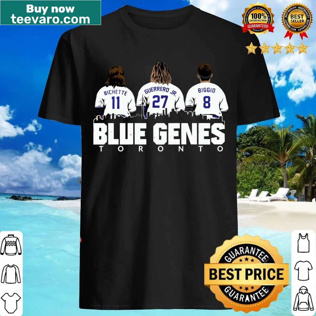 Illustrated graphic of baseball players Cavan Biggio, Vlad Guerrero Jr., and Bo Bichette — on a men's t-shirt
