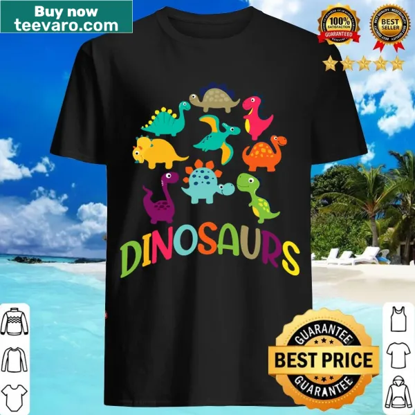 Illustrations of different dinosaur types on a t-shirt