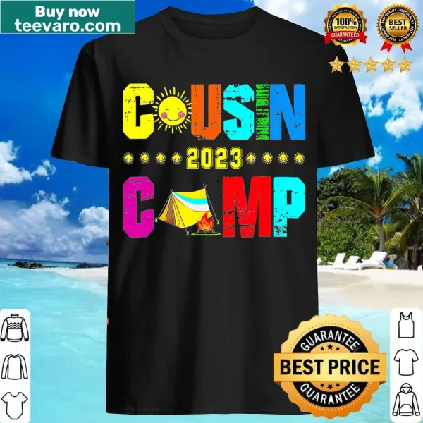 Playful Cousin Camps 2023 graphic on a kids' camping T-shirt